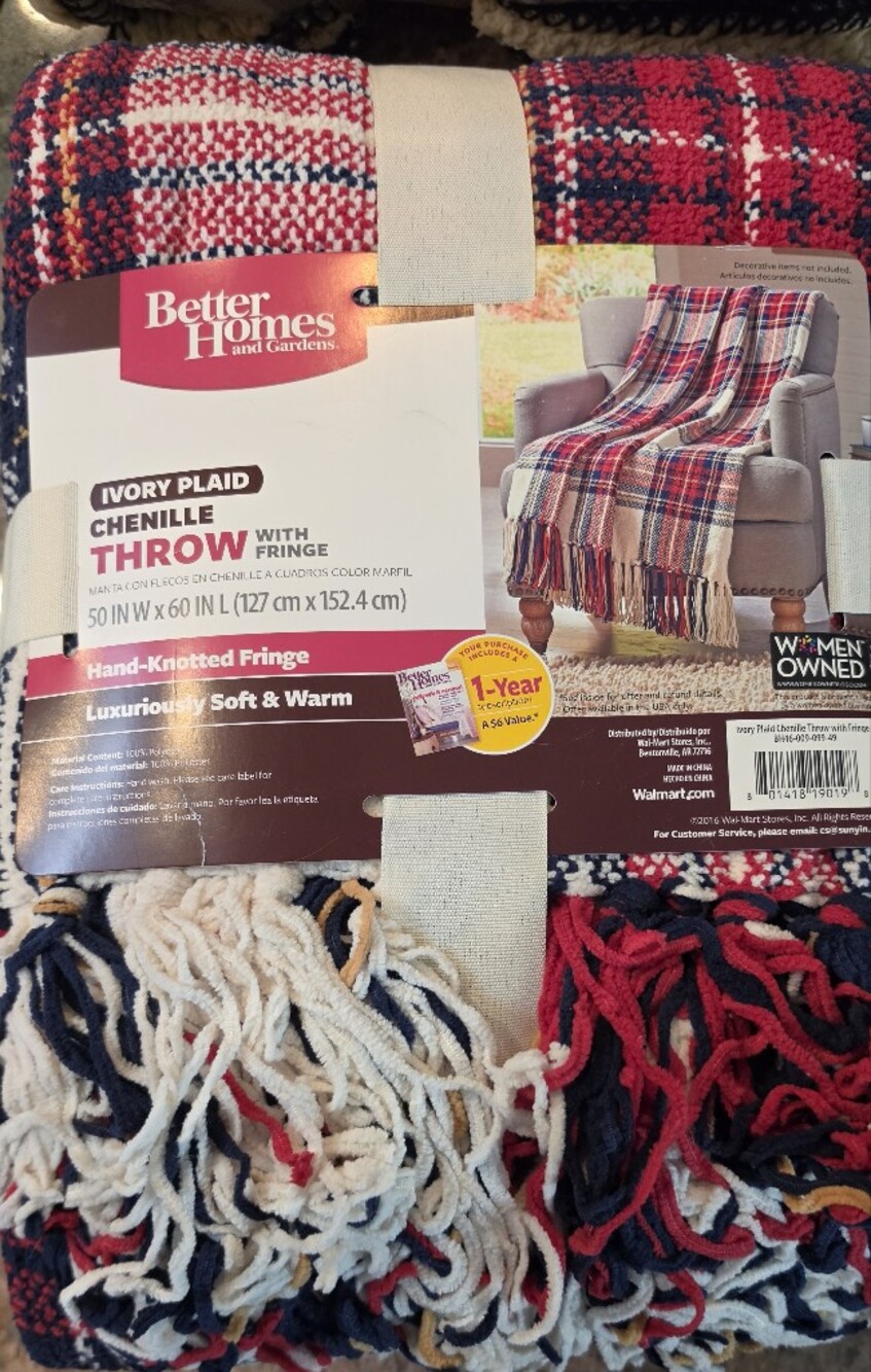Better Homes & Gardens Plaid Chenille Throw Blanket 50"x60" Hand-Knotted Fringe